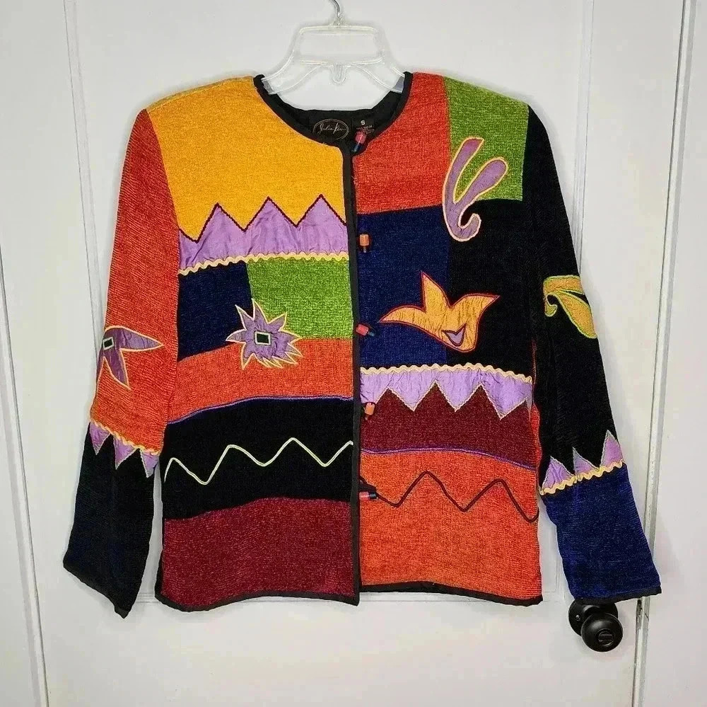 Julia Kim VTG Wearable Art Jacket Toggle Glass Buttons Size Small Abstract